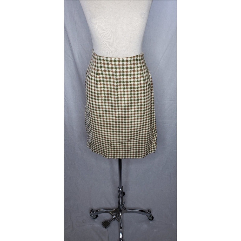 Vintage 1960s Cream With Olive Green  Plaid A Line Skirt  Size Small Union Made